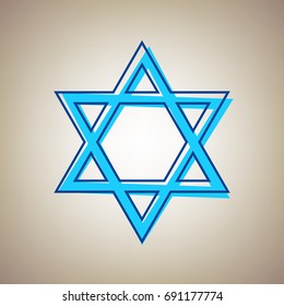 Shield Magen David Star. Symbol of Israel. Vector. Sky blue icon with defected blue contour on beige background.
