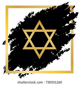 Shield Magen David Star. Symbol of Israel. Vector. Golden icon at black spot inside golden frame on white background.