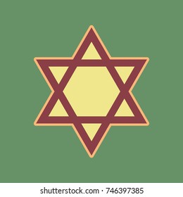 Shield Magen David Star. Symbol of Israel. Vector. Cordovan icon and mellow apricot halo with light khaki filled space at russian green background.