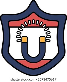 A shield with a magnet on it. The shield is blue and red