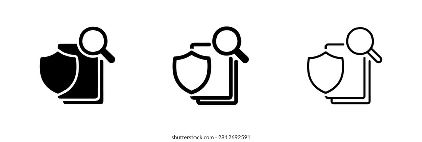 Shield with magnifying glass and document icon, symbolizing security audit