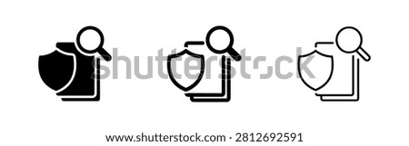 Shield with magnifying glass and document icon, symbolizing security audit