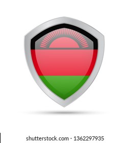 Shield with Malawi flag on white background. Vector illustration.