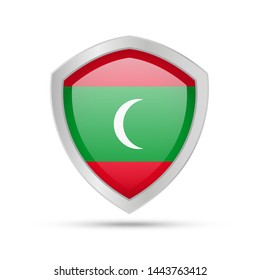 Shield with Maldives flag on white background. Vector illustration.
