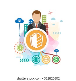 Shield and man on abstract colorful background with different icon and elements. Shield flat design