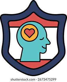 Un escudo con la cabeza y el corazón de un hombre. El escudo es blanco y negro. La cabeza del hombre está sonriendo y el corazón está abierto. El escudo está destinado a representar protección y amor