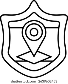 A shield with a map and a pin on it. The shield is black and white. The shield is a symbol of protection and security
