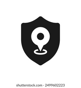 Shield with maps pin. Secured location icon flat style isolated on white background. Vector illustration