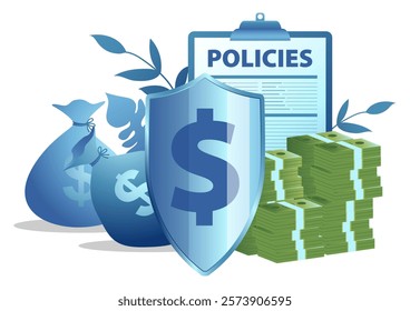 Shield marked with a dollar symbol, surrounded by money bags, a stack of cash, policy documents, and leaves. Themes of financial security, investment protection, insurance, and monetary policies