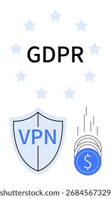 Escudo marcado VPN, monedas que caen, estrellas y texto GDPR. Ideal para protección de datos, ciberseguridad, privacidad en línea, cumplimiento legal, tecnología de seguridad financiera y seguridad en Internet. Metáfora de línea