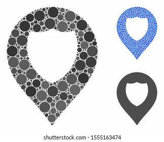 Shield marker mosaic of circle elements in different sizes and shades, based on shield marker icon. Vector circle elements are united into blue mosaic.