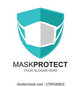 Shield with Mask Logo Vector Template. This logo suitable for preventive from virus