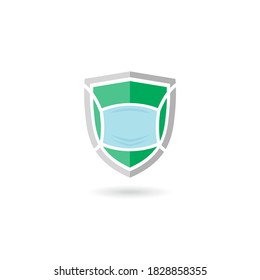 Shield with mask vector logo. Logo suitable for preventive from virus. covid-19, bacteria, dust, mucus and saliva.