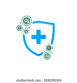 Shield with mask vector logo. Logo suitable for preventive from virus. covid-19, bacteria, dust, mucus and saliva.