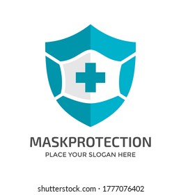 Shield with mask vector logo template. This logo suitable for preventive from virus.