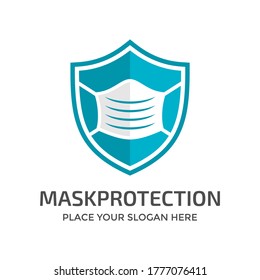 Shield with mask vector logo template. This logo suitable for preventive from virus.