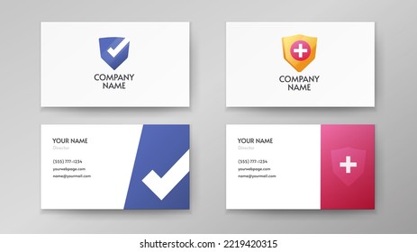 Shield medical 3d logo icon, flat insurance safety guard protection logotype, business visiting card template design, medicine hospital healthcare protection graphic, security service strong solution