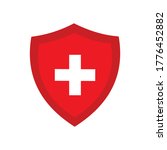 Shield medical cross logo design. Health Insurance logo template. Hospital health access. Shielding icon. Safety and protector vector.red and white color