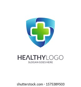 Shield medical cross logo design. Health Insurance logo template. Hospital health access. Shielding icon. Safety and protector vector