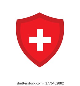 Shield Medical Cross Logo Design. Health Insurance Logo Template. Hospital Health Access. Shielding Icon. Safety And Protector Vector.red And White Color