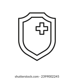 Shield with medical cross for protect health from virus and bacteria, line icon. Immune safe. Vector sign illustration