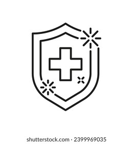 Shield with medical cross for protect health from virus and bacteria, line icon. Immune safe. Vector sign illustration