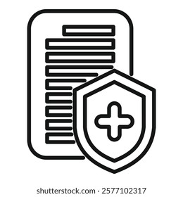 Shield with a medical cross is protecting a medical document, symbolizing health insurance and medical coverage