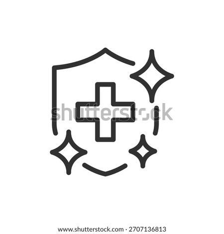 Shield with medical cross and sparkles, linear icon. Clean protection and healthcare safety. Line with editable stroke.