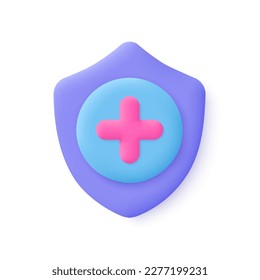 Escudo con el símbolo de la cruz médica. Atención de salud, concepto de seguro de salud. Icono vectorial 3d. Dibujo de estilo mínimo.