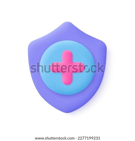 Shield with medical cross symbol. Health care, health insurance concept. 3d vector icon. Cartoon minimal style.