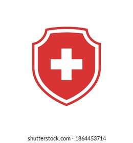 Icono de escudo y de vector cruzado médico. Símbolo médico u hospitalario en rojo y blanco.