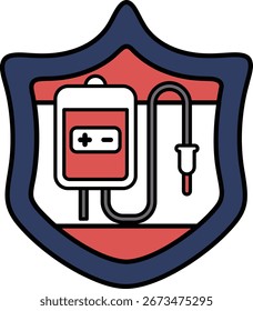 Um escudo com um dispositivo médico. O escudo é preto e branco