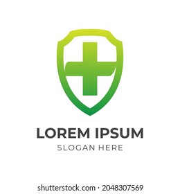 shield and medical logo design template concept vector with flat green color style