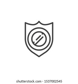 Shield with medicine tablet line icon. linear style sign for mobile concept and web design. Immunity protection medicine outline vector icon. Symbol, logo illustration. Vector graphics