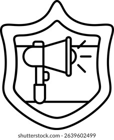 A shield with a megaphone on it. The shield is black and white. The megaphone is large and is in the center of the shield