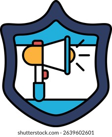 A shield with a megaphone on it. The shield is blue and white. The megaphone is yellow and orange