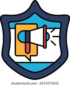 A shield with a megaphone on it. The shield is blue and white. The megaphone is orange and red