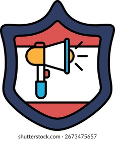 A shield with a megaphone on it. The shield is blue and red