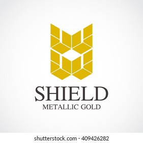 Shield metallic of gold protection abstract vector and logo design or template security business icon of company identity symbol concept