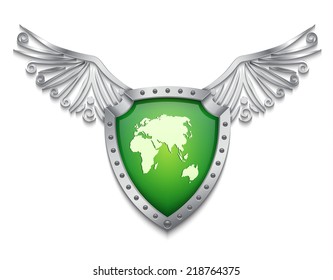 Shield with metallic wings isolated white. EPS10 vector