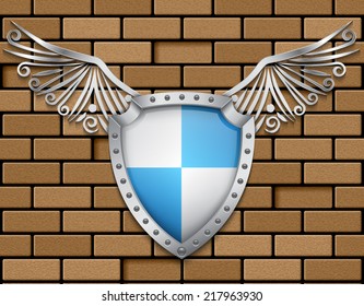 Shield with metallic wings on brick wall. EPS10 vector