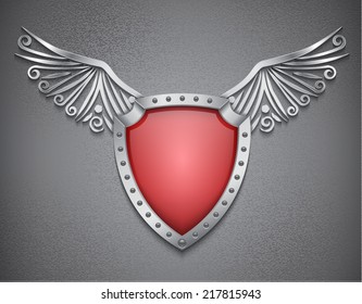 Shield with metallic wings on gray grunge background. EPS10 vector