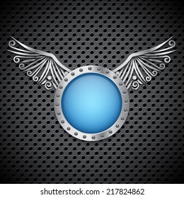 Shield with metallic wings on metal circular grid background. EPS10 vector