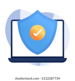 Shield with minicomputer, concept of secure laptop icon

