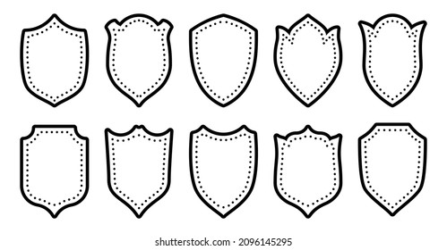Shield minimal black line icon set.Vector protection security guarantee sign. Label arms armor coat of logo. Guarantee sign protect heraldic symbol of cut shape. Medieval form isolated on white