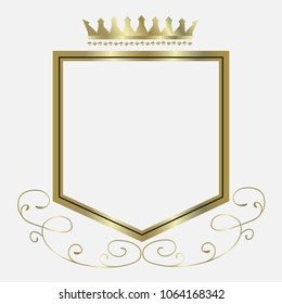 Shield modern heraldic shapes logo with crown in golden colors