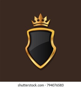 Shield modern heraldic shapes logo with crown in golden colors