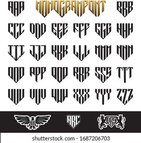 Shield monogram font. Pentagon logo type with 3 letter. Vintage style with coat of arms illustration. Guard symbol.