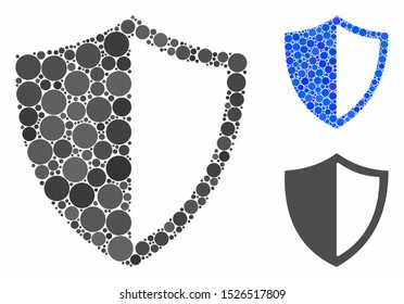 Shield mosaic for shield icon of round dots in variable sizes and color tones. Vector round dots are composed into blue mosaic. Dotted shield icon in usual and blue versions.