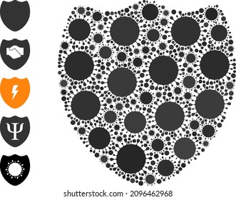 Shield mosaic icon. Vector mosaic is created from scattered virus icons. Virus cell mosaic shield icon and additional icons. Shield mosaic for breakout templates.